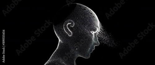 Abstract Digital Illustration of Human Brain Profile Made of Glowing White Particles on Black Background: Artificial Intelligence Concept