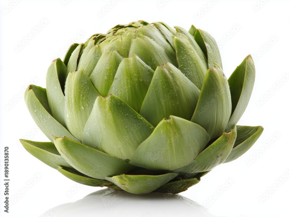 Fototapeta premium Single whole green artichoke isolated on white background for healthy food design