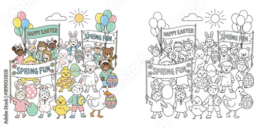 Happy Easter parade vector illustration set with cute kids and animals, colorful and coloring page outline.