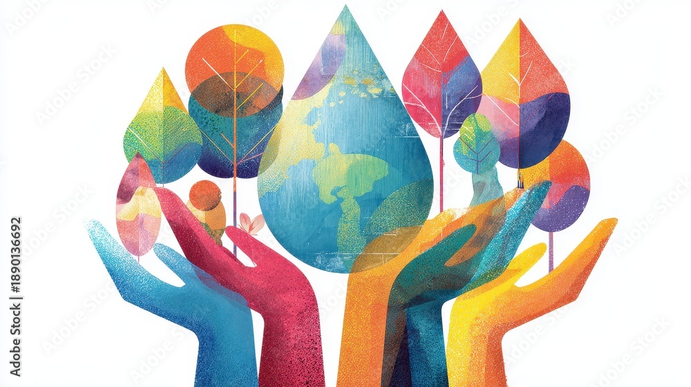 Fototapeta premium Corporate social responsibility illustration flat design front view sustainability theme water color vivid.