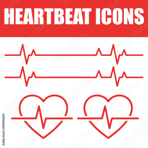 Red Heart Rate, Red Pulse Waves, Cardiology Symbols, EKG ECG Heartbeat, Heart Icons on White Background.
