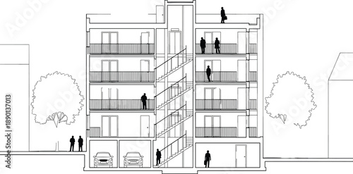 Architectural cross section CAD drawing of a modern multi-story apartment building with stairs, elevator, balconies, underground parking garage, and human silhouettes, vector illustration.