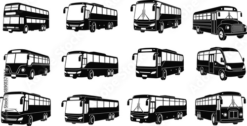 Collection of black bus silhouette icons, featuring double decker, school bus, shuttle, and coach transport vehicles, isolated flat vector illustration on white background.