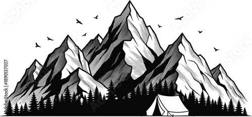 Black and white vector illustration of a mountain range landscape with a camping tent, pine forest trees, and birds flying in sky