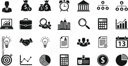 Set of black business icons and finance silhouettes featuring money bags, growth charts, professional people, office buildings, and banking symbols on white background.