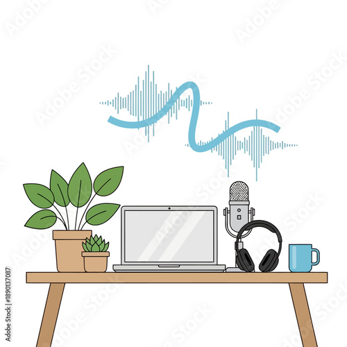 Desk setup for podcasting with laptop plants microphone and headphones