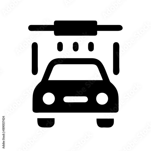 A black silhouette icon depicting a car being washed in an automated system with water droplets and brushes, isolated on white. A clear symbol for automotive cleaning and detailing services.