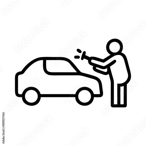 A minimalist black outline icon showing a person using a pressure washer to clean a car. This simple line-art graphic represents manual car washing and automotive detailing services.