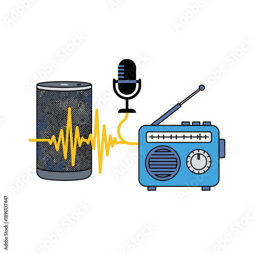 Smart speaker connected to blue radio via yellow audio waveform