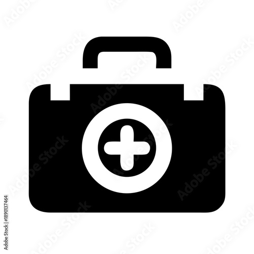 Bold black and white silhouette icon of a first aid kit with a handle and a central cross symbol inside a circle. Clean vector graphic on a plain white background.