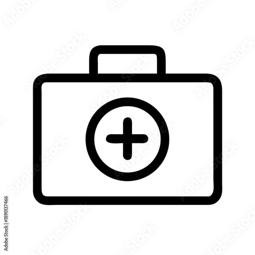 A clean, high-contrast outline icon showing a rectangular bag with a top handle, featuring a circular emblem with a plus sign in the center.