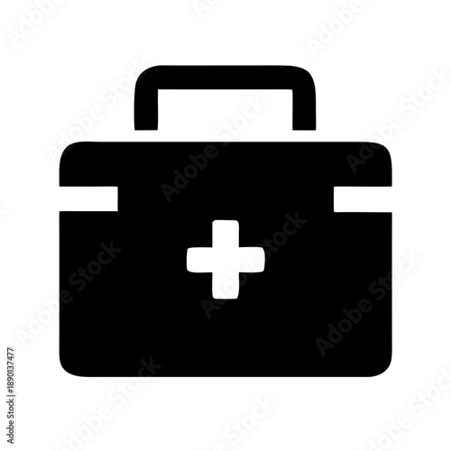 A bold, solid black silhouette icon of a medical first aid kit with a white cross symbol. The graphic is centered on a clean white background.
