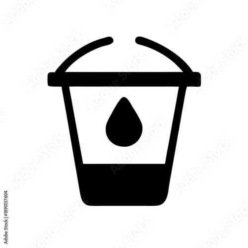 Bold black and white silhouette icon of a bucket filled with water, featuring a droplet symbol in the center. Clean vector graphic on a plain white background.