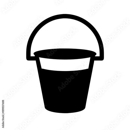 This is a pure black, flat-style bucket vector icon. The overall shape is a bucket that is wider at the top and narrower at the bottom, with an arched handle on top. The design is simple, neat