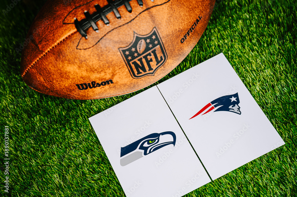 Naklejka premium Seattle Seahawks vs. New England Patriots, Super Bowl LX for season 2025, NFL Final, American football championship game at Levi's Stadium in Santa Clara, California. Football Ball on Green Grass