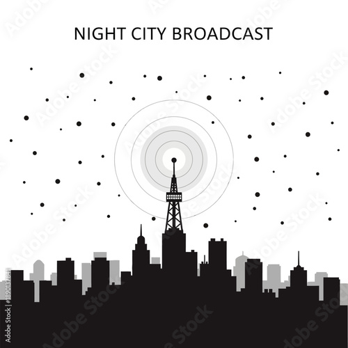 Night city broadcast transmission tower with radio waves over skyline