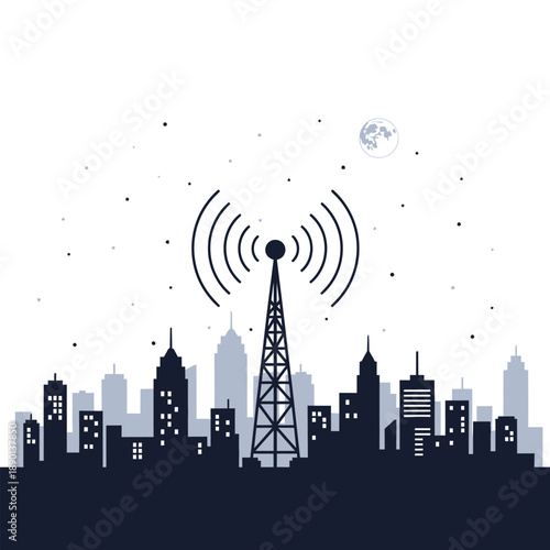 Night cityscape with broadcasting tower transmitting signals to the city