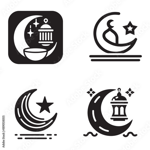 Islamic Ramadan Symbols Icons – Crescent Moon and Mosque Vector Pack