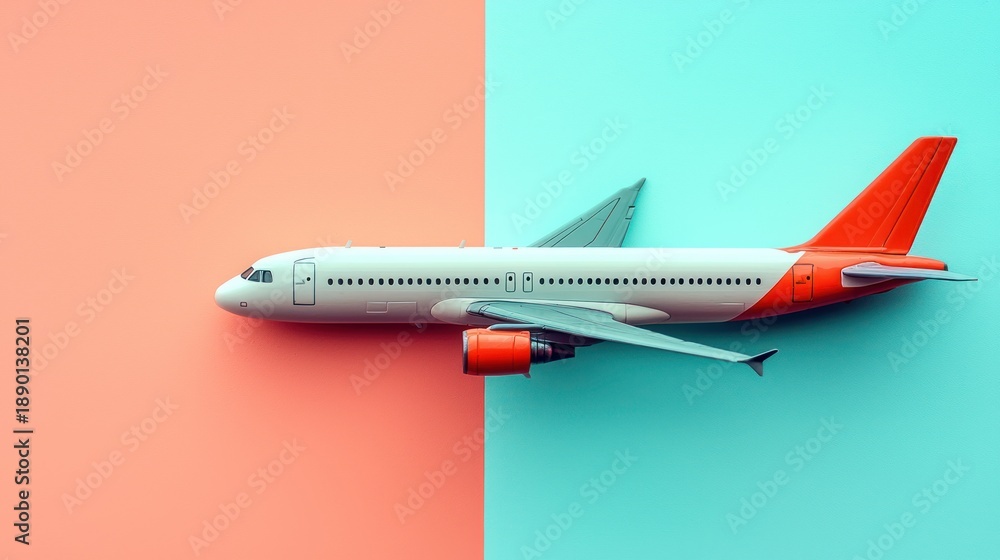 Fototapeta premium Airplane model on pastel background, travel concept, flat lay