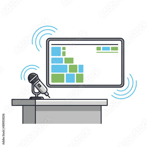 Microphone and screen displaying colorful blocks at a podium