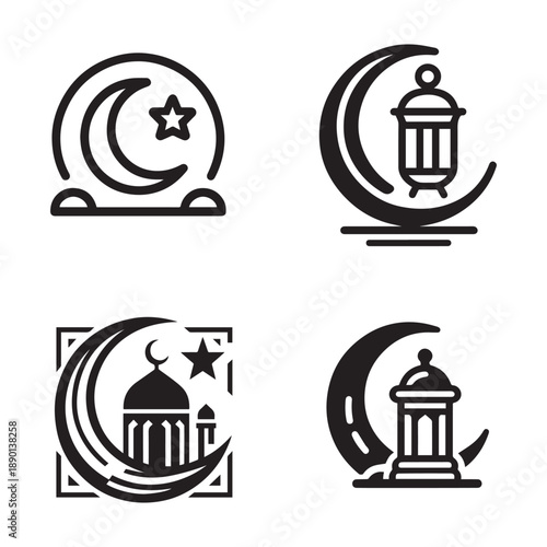 Islamic Ramadan Symbols Icons – Crescent Moon and Mosque Vector Pack