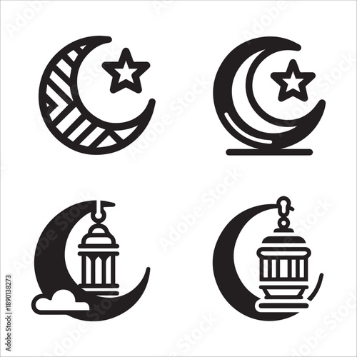 Ramadan Kareem Icons Set – Crescent Moon, Mosque and Lantern Vector