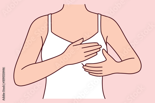 Detailed illustration of a woman in a tank top showing the proper way to check breast tissue for lumps. Educational guide for proactive health monitoring and preventative care.
