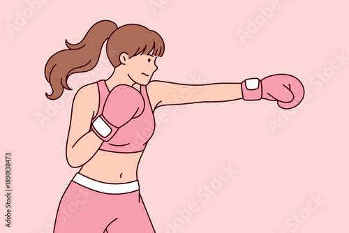 Strong girl in athletic wear and boxing gloves takes a stand against breast cancer. Visual metaphor for the physical and mental fight against oncological diseases and hope for a cure.