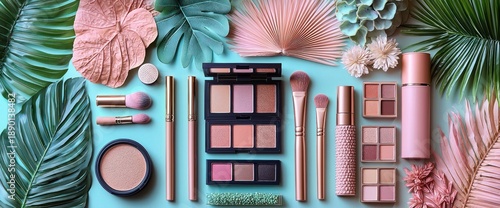 Tropical makeup flatlay beauty products arranged with palm leaves & flowers