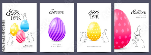 Happy Easter greeting card set with 3d Easter eggs and hand drawn bunnies. Modern template for poster, holiday cover, flyer, social media, sale