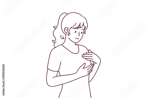 Female character conducts a manual breast screening for early cancer detection. Educational line art promoting regular medical checks and preventative health habits