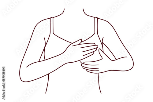 Female character in a tank top shows the proper way to check breast tissue for lumps. Instructional line art for proactive health monitoring and preventative care