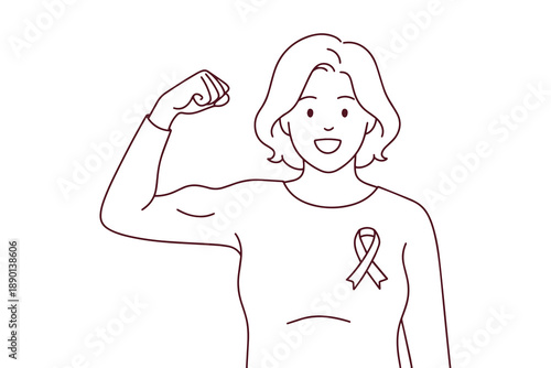 Empowered grandmother flexes her muscle to celebrate survival against breast cancer. Inspiring line art of age, resilience, and strength for awareness month