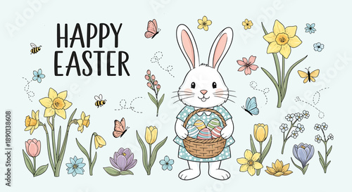 Happy Easter greeting with a cute bunny holding a basket of eggs, surrounded by daffodils, tulips, and butterflies