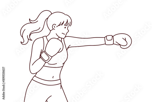 Strong girl in athletic gear takes a stand against oncological disease. Visual line art metaphor for the physical fight and hope for a cure during awareness month.