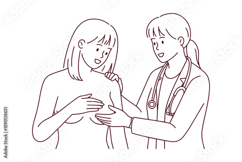 Female patient receiving a professional medical checkup from a specialist for cancer prevention. Line art promoting regular professional screenings and healthcare