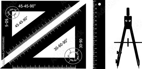 Set of geometric drawing tools: triangles, ruler, compasses for precision design
