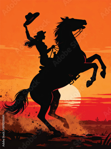 Cowgirl Silhouette In The Desert Illustrator Artwork Design Template Poster