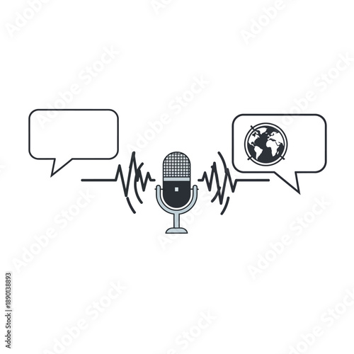 Podcast radio microphone with sound waves and speech bubbles representing conversation