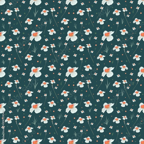 Seamless floral pattern with delicate white flowers and soft orange centers scattered across a deep teal background. Hand-drawn botanical elements with subtle leaves, stems, and small decorative dots 