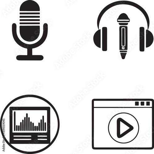 Podcast icons, audio recording, microphone voice, studio headset, sound wave, video player, broadcast media, music production