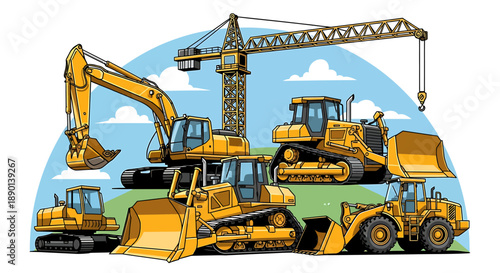 Vector illustration of heavy yellow construction vehicles and earthmoving machinery, including excavators, bulldozers, and a crane, for modern building development