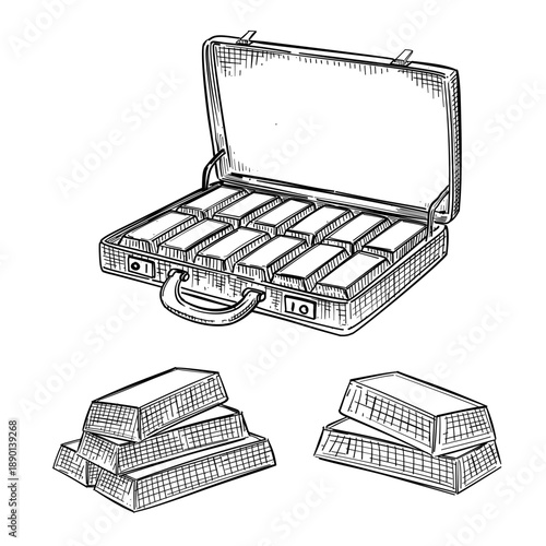 Gold Bar Briefcase Treasure Case Vector Line Art Hand Drawn Illustration