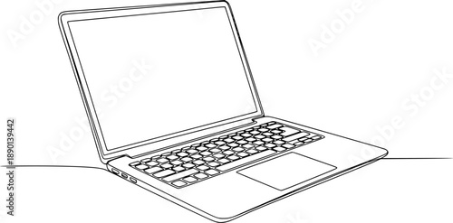 Continuous line drawing of an open laptop on a minimalist background. No editable strokes
