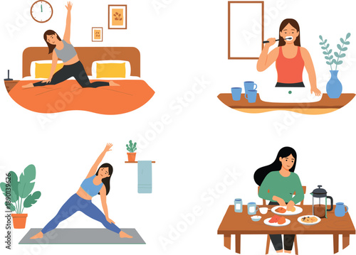 Woman morning routine set with stretching yoga brushing teeth and healthy breakfast lifestyle illustration collection