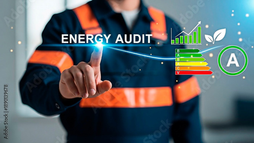 A man in an orange and blue uniform conducts an energy audit with a digital interface