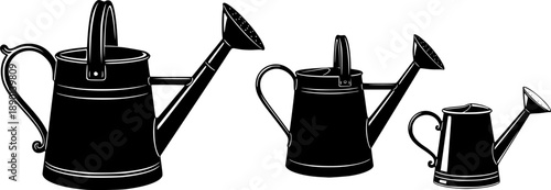 Vintage watering cans illustration with three distinct sizes and designs in black and white
