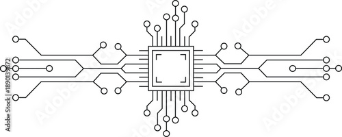 Microchip Circuit Board Line Art Illustration, Artificial Intelligence and Technology Network Concept Vector