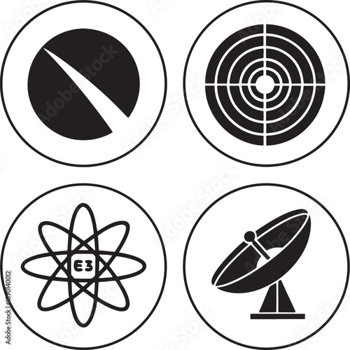 Technology icons, science atom, radar target, satellite dish, signal wave, communication system, physics research, digital connection