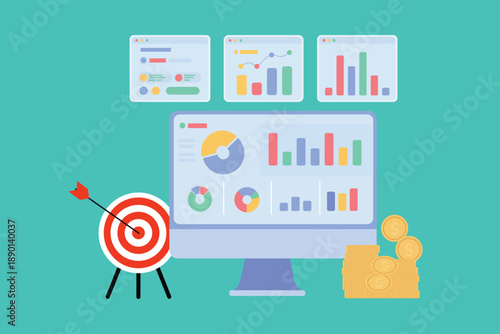 Business Analytics Dashboard with KPI Charts Target Goal and Revenue Growth Illustration Vector